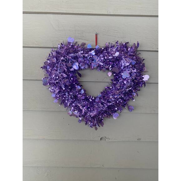 14” Purple Tinsel Heart Valentines Day Wreath Door Hanger Wall Decor - Picture 5 of 6